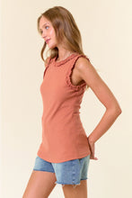 Load image into Gallery viewer, Doe & Rae Solid Knit Tank with Ruffle Trim – Soft Stretch Blend