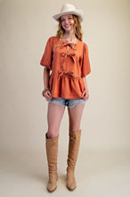 Load image into Gallery viewer, Easel Bow Front Denim Peplum Top