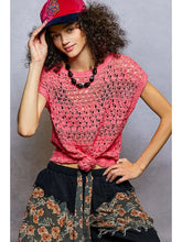 Load image into Gallery viewer, POL - Neon Peach Round Neck Sleeveless Striped Crochet Top