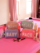 Load image into Gallery viewer, Jadelynn Brooke - Handle Cosmetic Bag - 'Baby' Embroidered (Blue/Matcha/Coral)