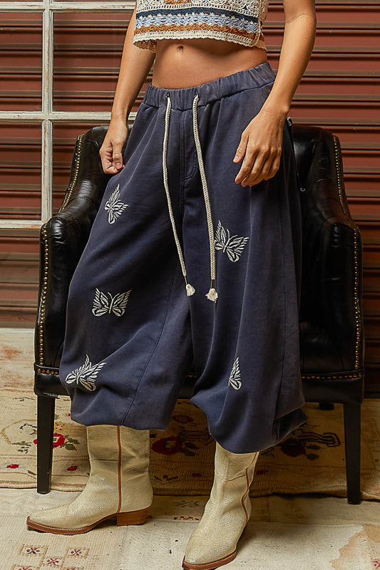Butterfly Embroidered Jogger Pants – Navy | Vintage French Terry