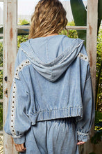 Load image into Gallery viewer, POL Denim Hoodie Jacket – Vintage Wash with Crochet Trim
