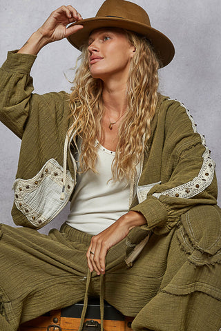POL Denim Hoodie Jacket – Vintage Wash with Crochet Trim Olive