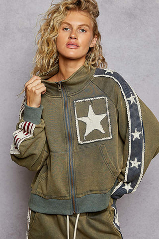 POL Long Sleeve French Terry Star Patch Striped Elastic Jacket Olive