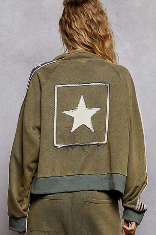 POL Long Sleeve French Terry Star Patch Striped Elastic Jacket Olive