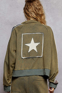 POL Long Sleeve French Terry Star Patch Striped Elastic Jacket