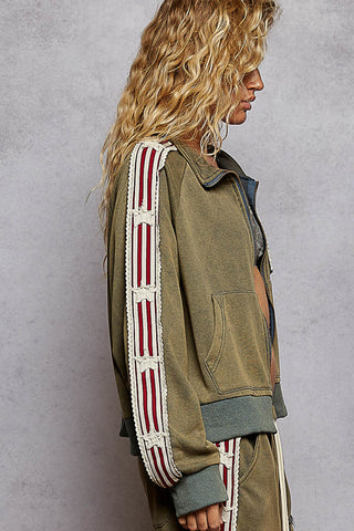 POL Long Sleeve French Terry Star Patch Striped Elastic Jacket Olive