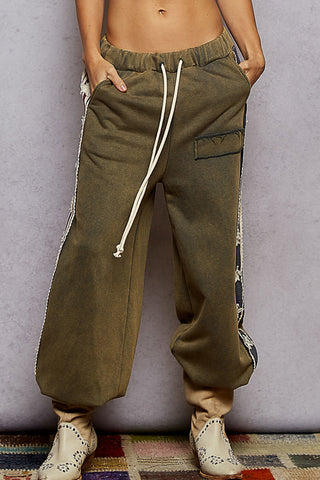 POL French Terry Striped Patch Trim Star Patch Knit Pants- Vintage Moss