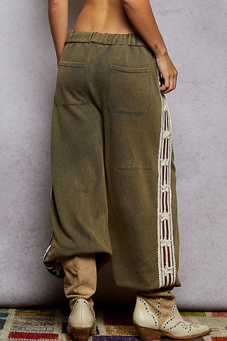POL French Terry Striped Patch Trim Star Patch Knit Pants- Vintage Moss