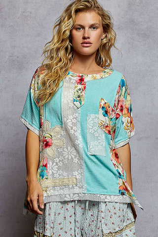POL Short Sleeve Ribbed Top - Aqua
