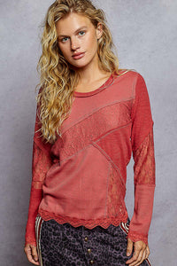 POL Lace Trim Olive Thermal Top – Boutique Long Sleeve Rib Mix