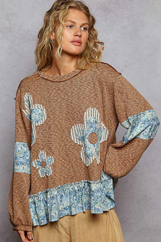 POL Flower Patch Ruffle Hem Top in Rustic Brick