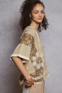 POL Lace V-Neck Hoodie Top – Relaxed Neutral Rib with Lace Detail