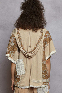 POL Lace V-Neck Hoodie Top – Relaxed Neutral Rib with Lace Detail