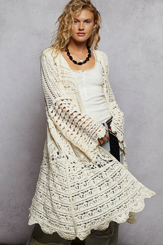 POL Chenille Crochet Long Cardigan – 100% Cotton Boho Layering Piece