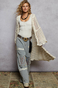 POL Chenille Crochet Long Cardigan – 100% Cotton Boho Layering Piece