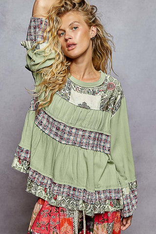 POL Ruffle Detail Woven Top – Boho Long Sleeve- Tea Green