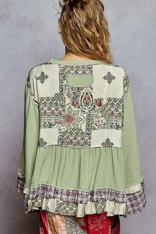 POL Ruffle Detail Woven Top – Boho Long Sleeve- Tea Green