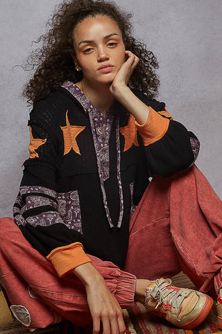 POL Paisley Patch Thermal Hoodie – Relaxed Balloon Sleeve Black and Orange