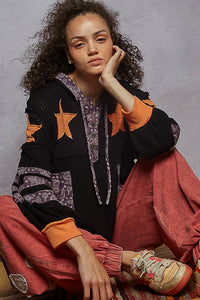 POL Paisley Patch Thermal Hoodie – Relaxed Balloon Sleeve