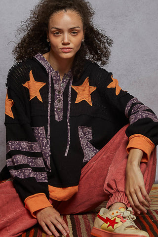 POL Paisley Patch Thermal Hoodie – Relaxed Balloon Sleeve Black and Orange