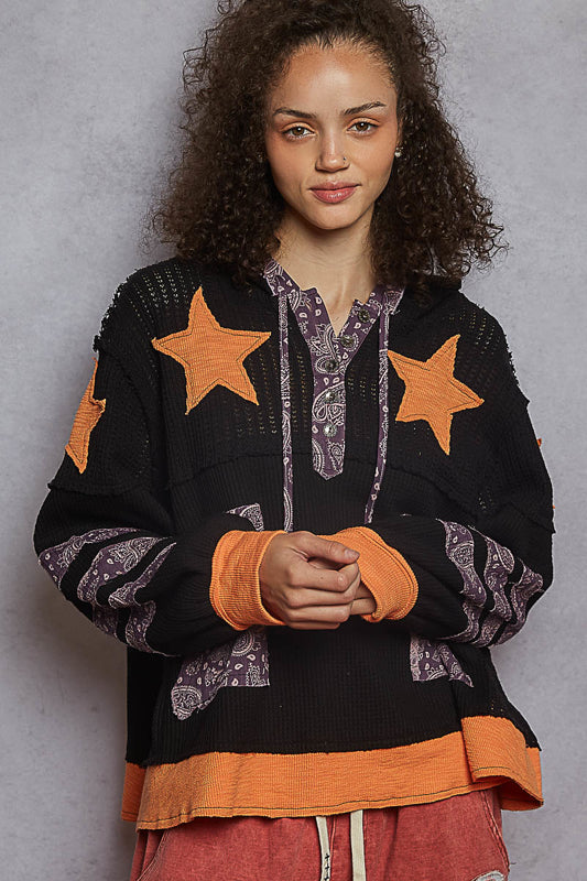 POL Paisley Patch Thermal Hoodie – Relaxed Balloon Sleeve