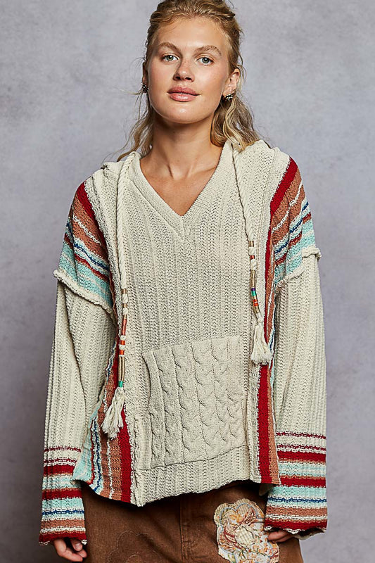 POL Almond V-Neck Chenille Hoodie Sweater with Stripes