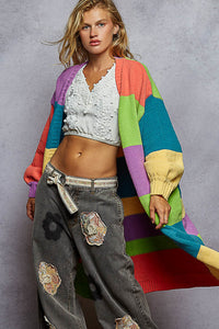 POL Maxi Length, Balloon Sleeve, Color Block Cardigan