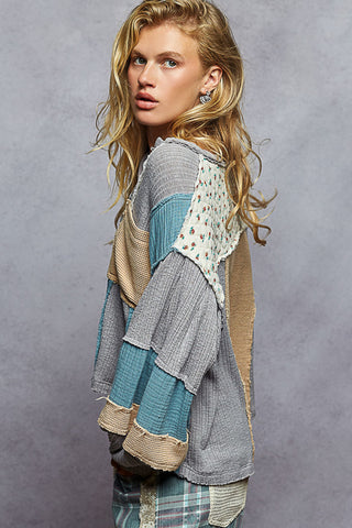 Pol Oversized Gauze Patchwork Top- Azure Blue