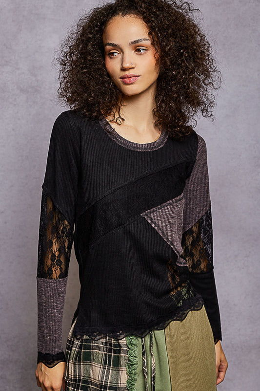 POL Lace Trim Olive Thermal Top – Boutique Long Sleeve Rib Mix