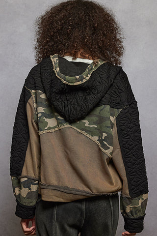 POL Quilted Camo Hoodie Jacket – Edgy Mixed Media Style Black Camo