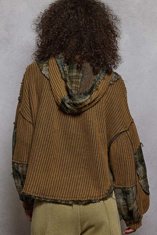 POL - Hooded Balloon Sleeve Thermal Top – Plaid Contrast Charcoal Multi