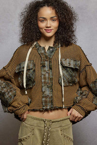 POL - Hooded Balloon Sleeve Thermal Top – Plaid Contrast