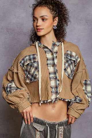 POL - Hooded Balloon Sleeve Thermal Top – Oatmeal Plaid Contrast