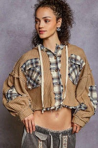POL - Hooded Balloon Sleeve Thermal Top – Plaid Contrast