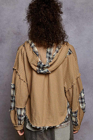 POL - Hooded Balloon Sleeve Thermal Top – Oatmeal Plaid Contrast