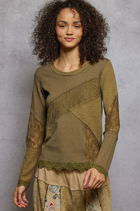 POL Lace Trim Olive Thermal Top – Boutique Long Sleeve Rib Mix
