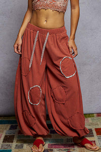 POL Corduroy Patch Jogger Pants with Lace Trim – Rust Wide-Leg Boho Joggers