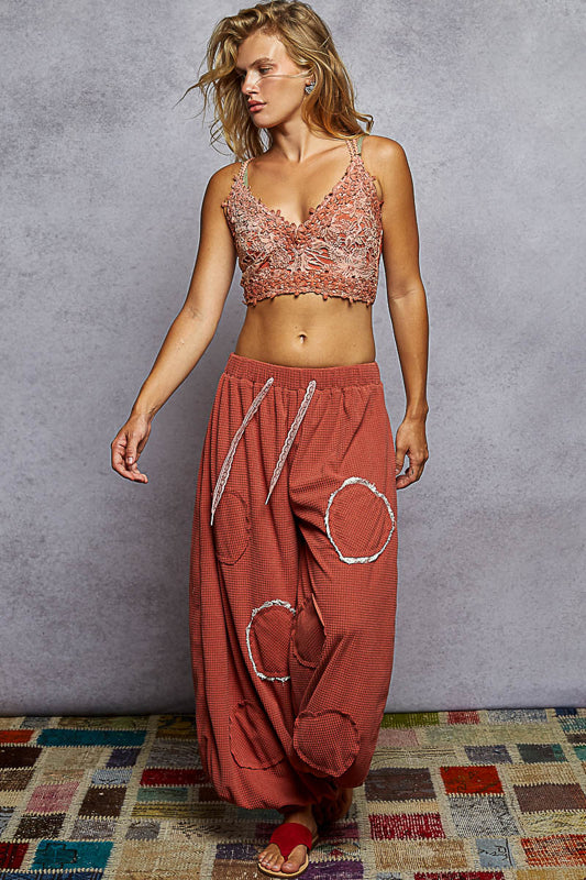 POL Corduroy Patch Jogger Pants with Lace Trim – Rust Wide-Leg Boho Joggers
