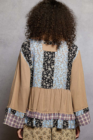 POL Ruffle Detail Woven Top – Boho Long Sleeve - Milk Chocolate
