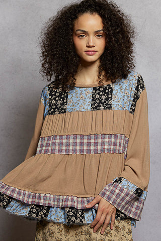POL Ruffle Detail Woven Top – Boho Long Sleeve - Milk Chocolate