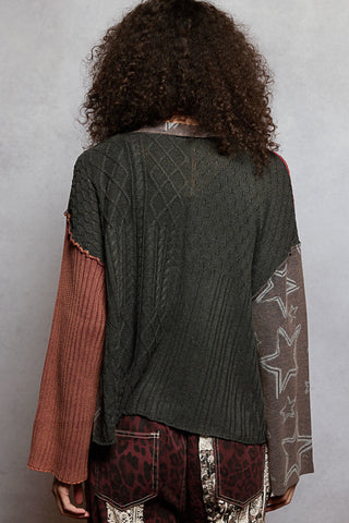 POL V-Neck Star Patchwork Cardigan – Multi-Fabric Raw Edge Knit