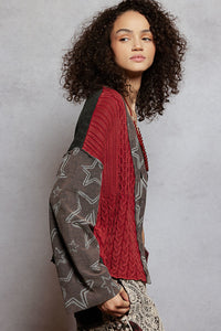 POL V-Neck Star Patchwork Cardigan – Multi-Fabric Raw Edge Knit