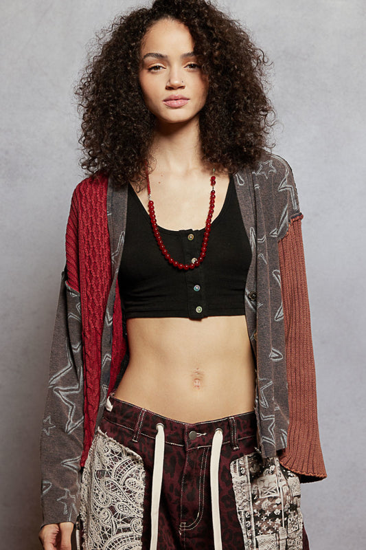 POL V-Neck Star Patchwork Cardigan – Multi-Fabric Raw Edge Knit