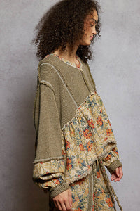 POL Mugwort Green Balloon Sleeve Floral Patchwork Top