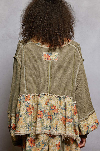 POL Mugwort Green Balloon Sleeve Floral Patchwork Top