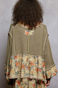 POL Mugwort Green Balloon Sleeve Floral Patchwork Top