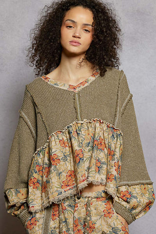 POL Mugwort Green Balloon Sleeve Floral Patchwork Top