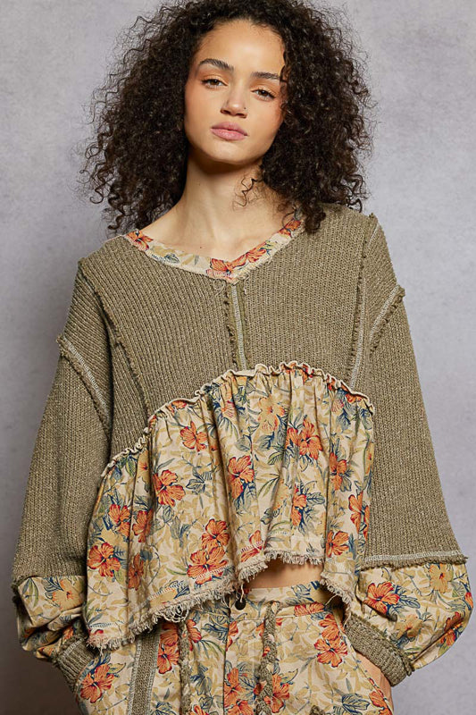 POL Mugwort Green Balloon Sleeve Floral Patchwork Top