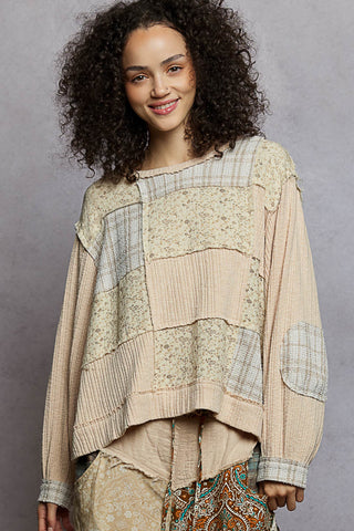 POL Patchwork Ribbed Top – Plaid & Floral Contrast